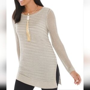 CHICO'S Women's Sweater Metallic Chain Mail Asymmetrical Amelie Gold Size L Nwot